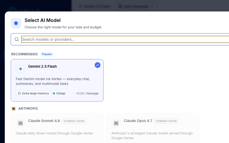 Vault model picker with multiple AI models available for a chat.